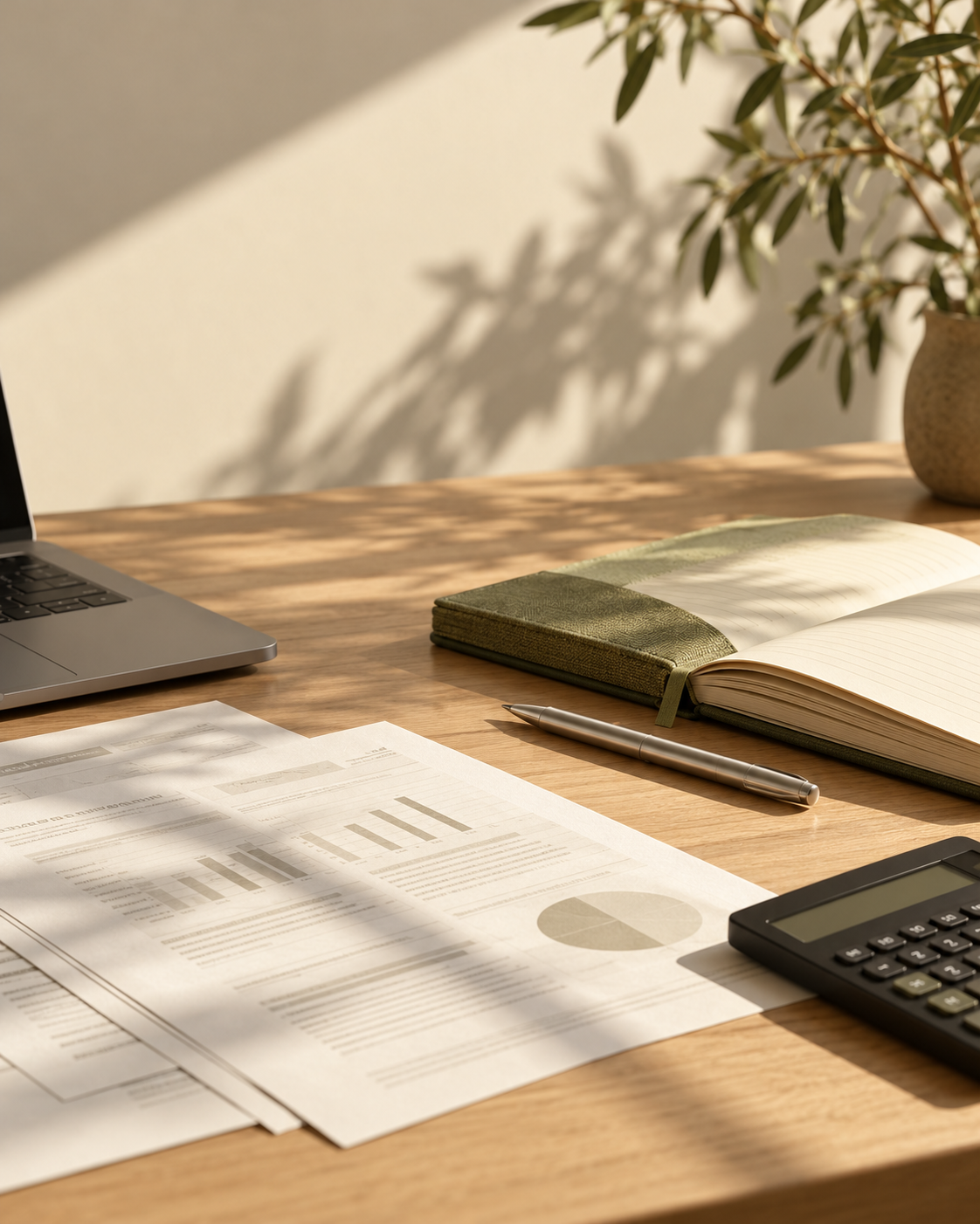 Composição ilustrativa de uma mesa de trabalho com documentos contábeis, caderno e calculadora em tons naturais
